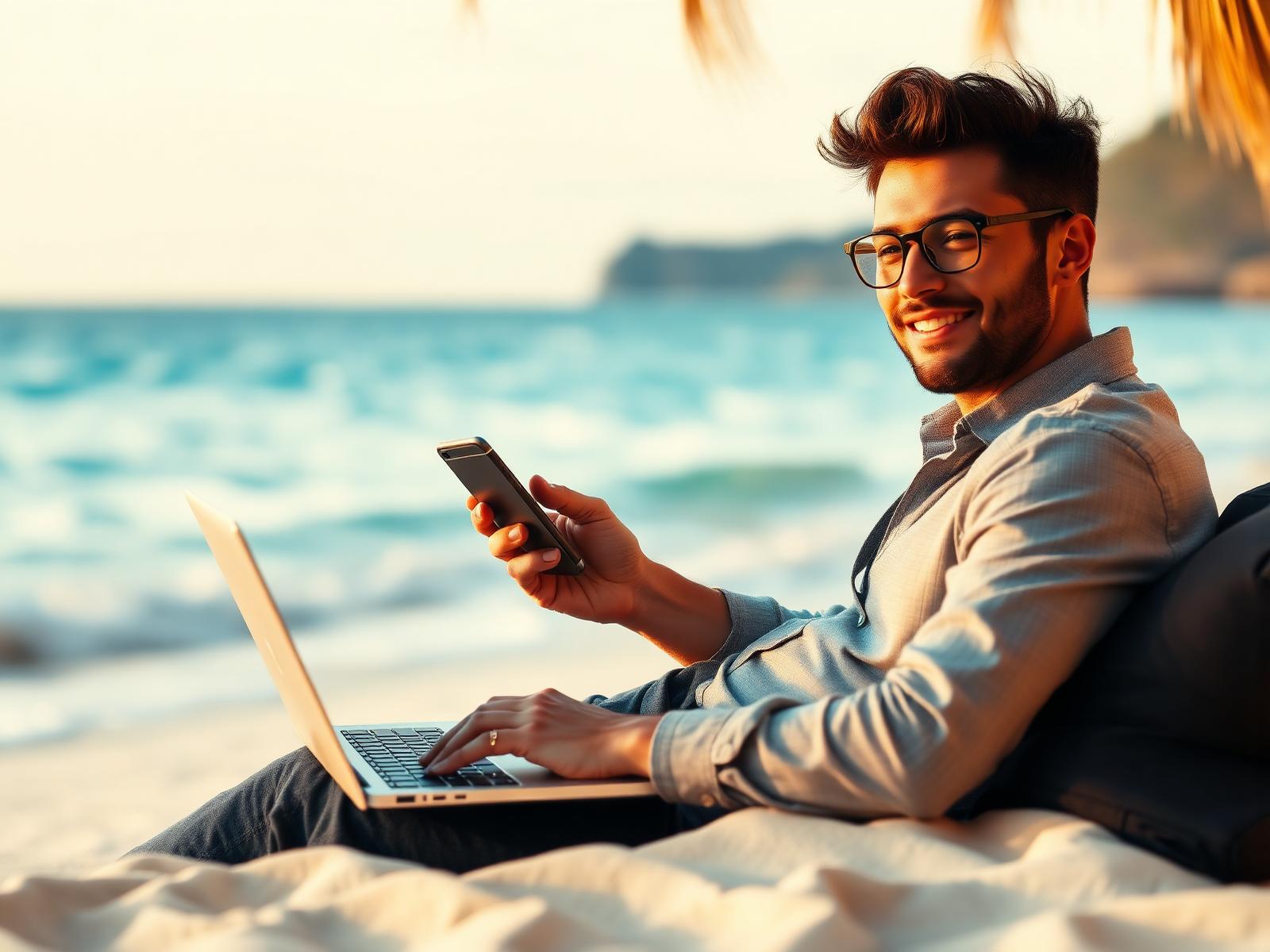 Empreendedor na praia acompanhando vendas pelo celular